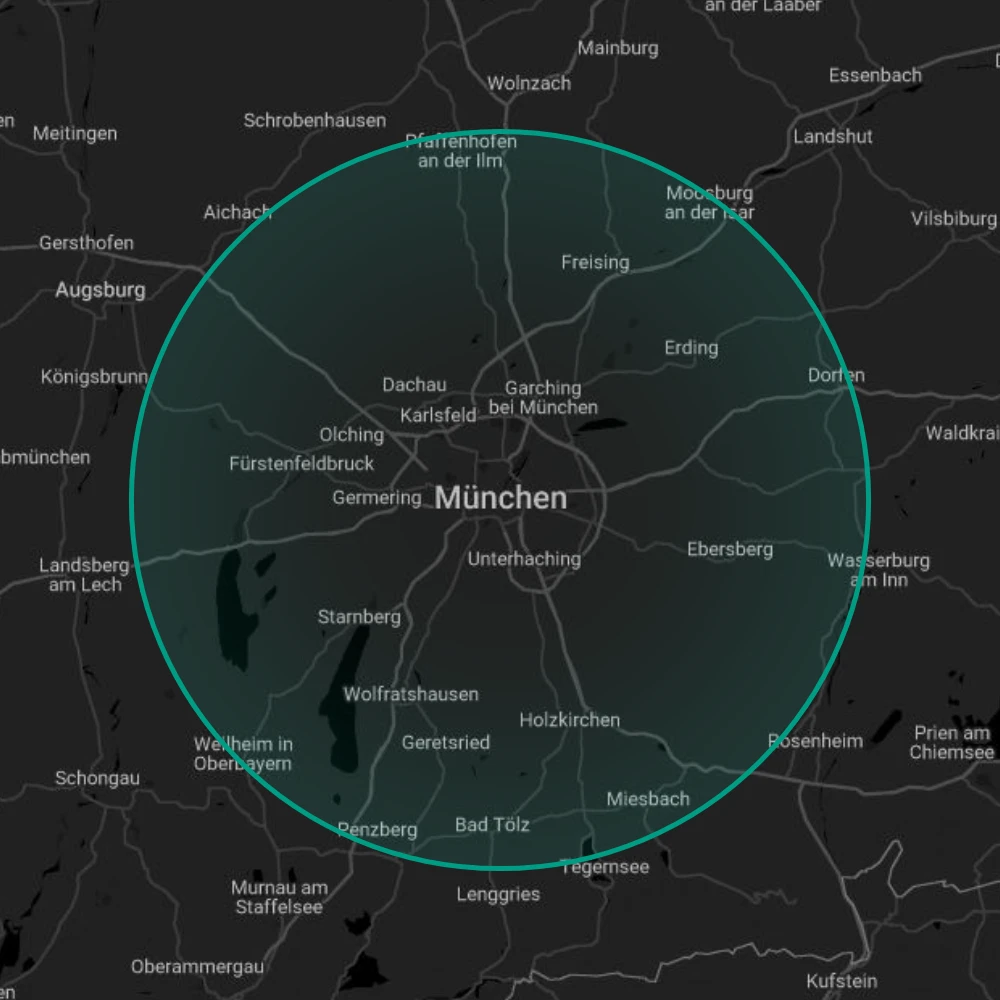 Karte von München und Umgebung mit markiertem Einsatzgebiet